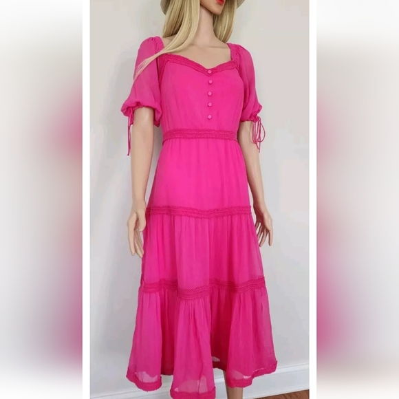 RACHEL PARCELL MAGENTA TIERED SHORT SLEEVES SUNDAY PARTY MIDI DRESS MEDIUM M NWT - Picture 3 of 16